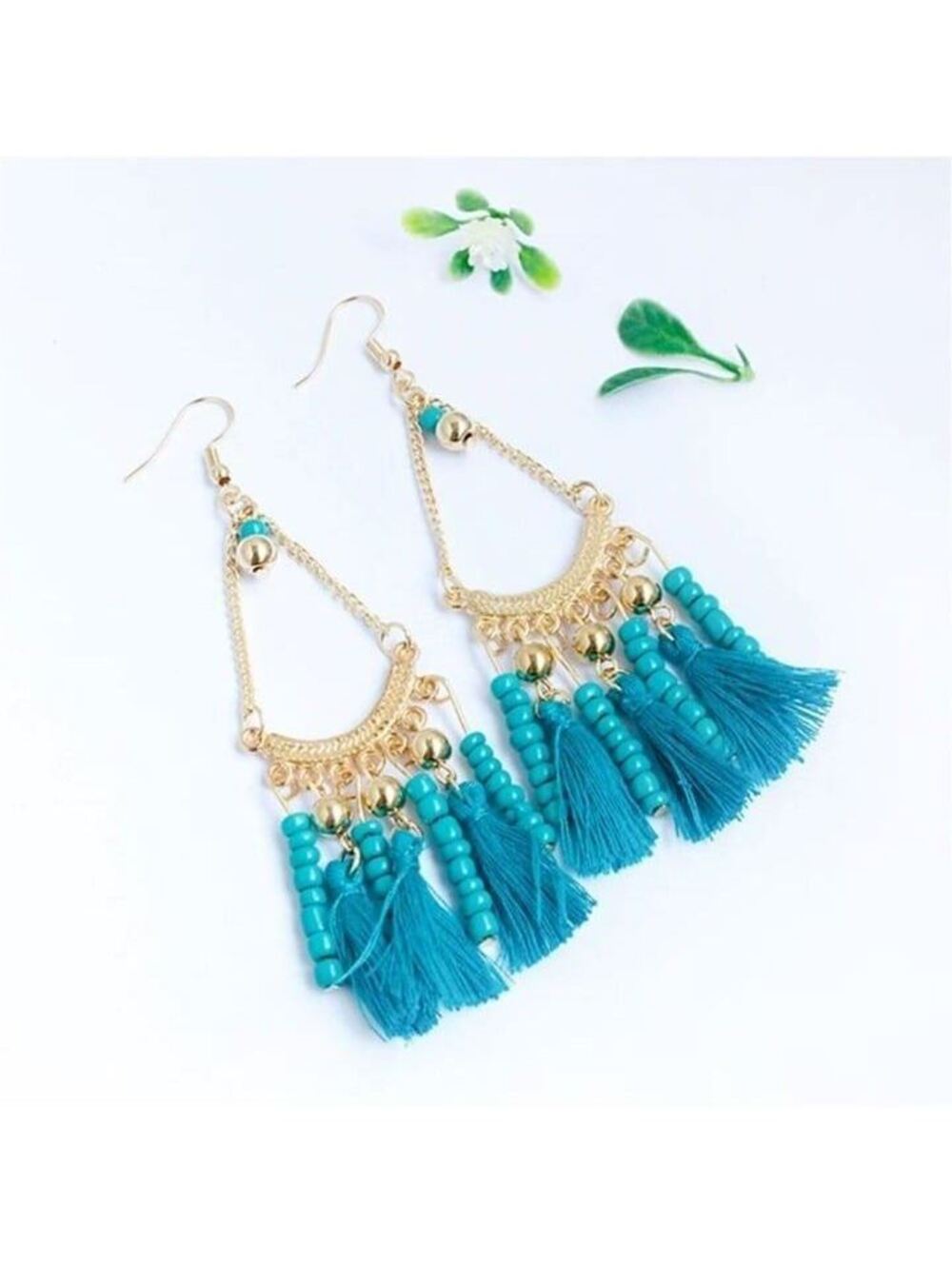 90s Vintage Victorian Style Blue Gold Tassels Glass Beads Chandelier Earrings